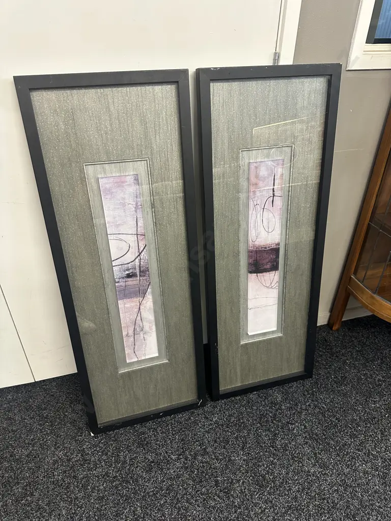 Pair Of Black Rectangular Framed Abstract Wall Art Light Pink & Purple Tones H105,W39cm. Image 1++