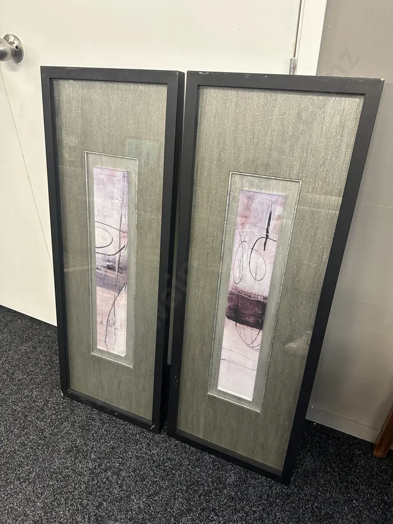 Pair Of Black Rectangular Framed Abstract Wall Art Light Pink & Purple Tones H105,W39cm. Image 1++