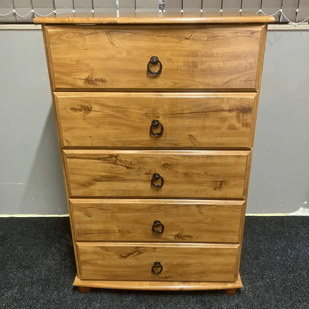 Vintage Compac Furniture Oxford 5 Drawer Tallboy, Ring Handles, Velvet Cherry Finish - Ex Forlongs. H107 W68 D40cm Image 1++