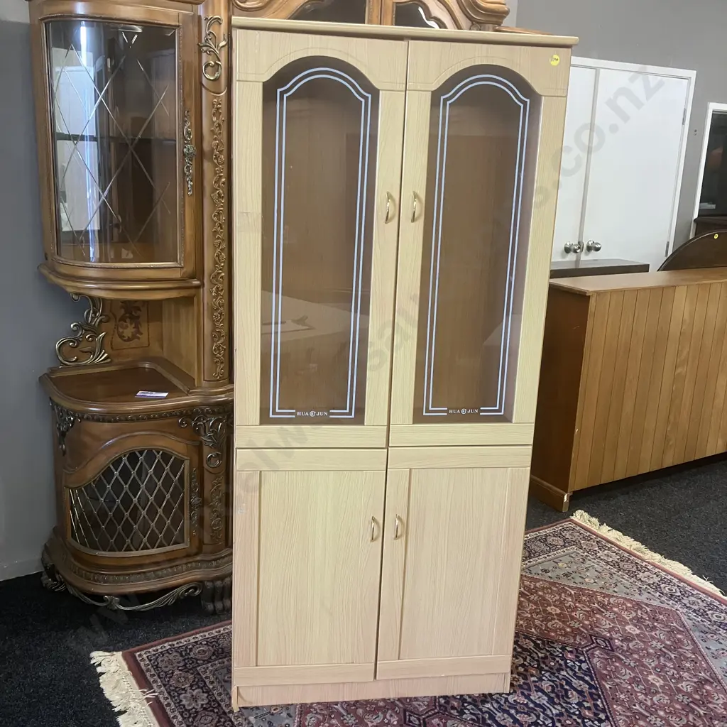 White Oak Wood Effect Four Door - Two Glazed, Bookcase. H180 W80 D33cm (Needs Shelves) Image 1++