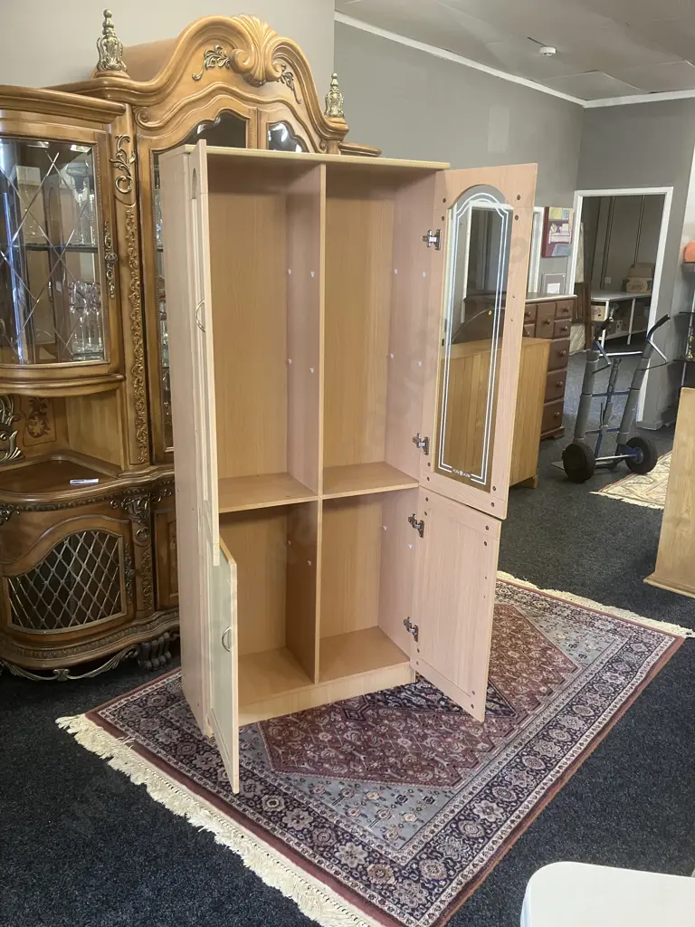 White Oak Wood Effect Four Door - Two Glazed, Bookcase. H180 W80 D33cm (Needs Shelves) Image 1++