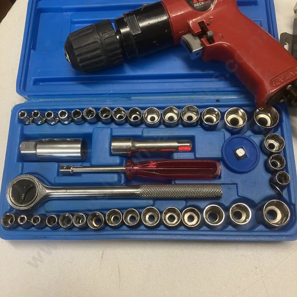MechPro 3/8" Reversible Air Drill & 2 x Small Cased Socket Sets Image 1++