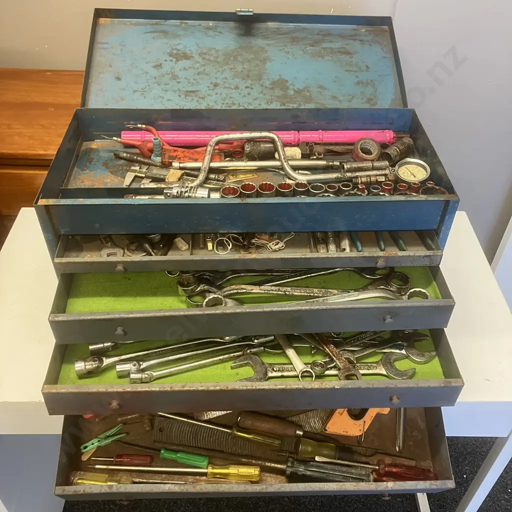 Vintage NZ Made EDEN Blue Steel Toolbox With Sidchrome Sockets & Ring Spanners & Assorted Tools Image 1++