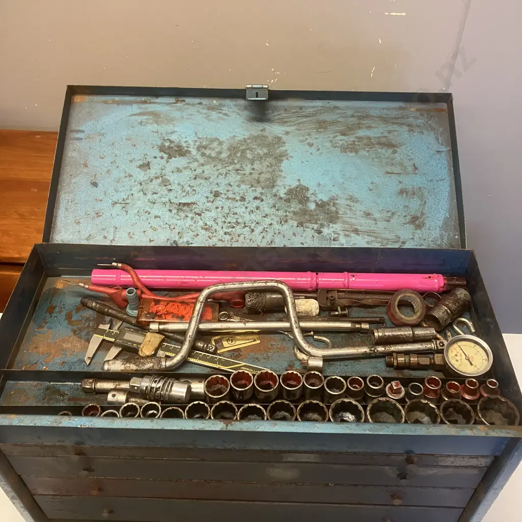 Vintage NZ Made EDEN Blue Steel Toolbox With Sidchrome Sockets & Ring Spanners & Assorted Tools Image 1++