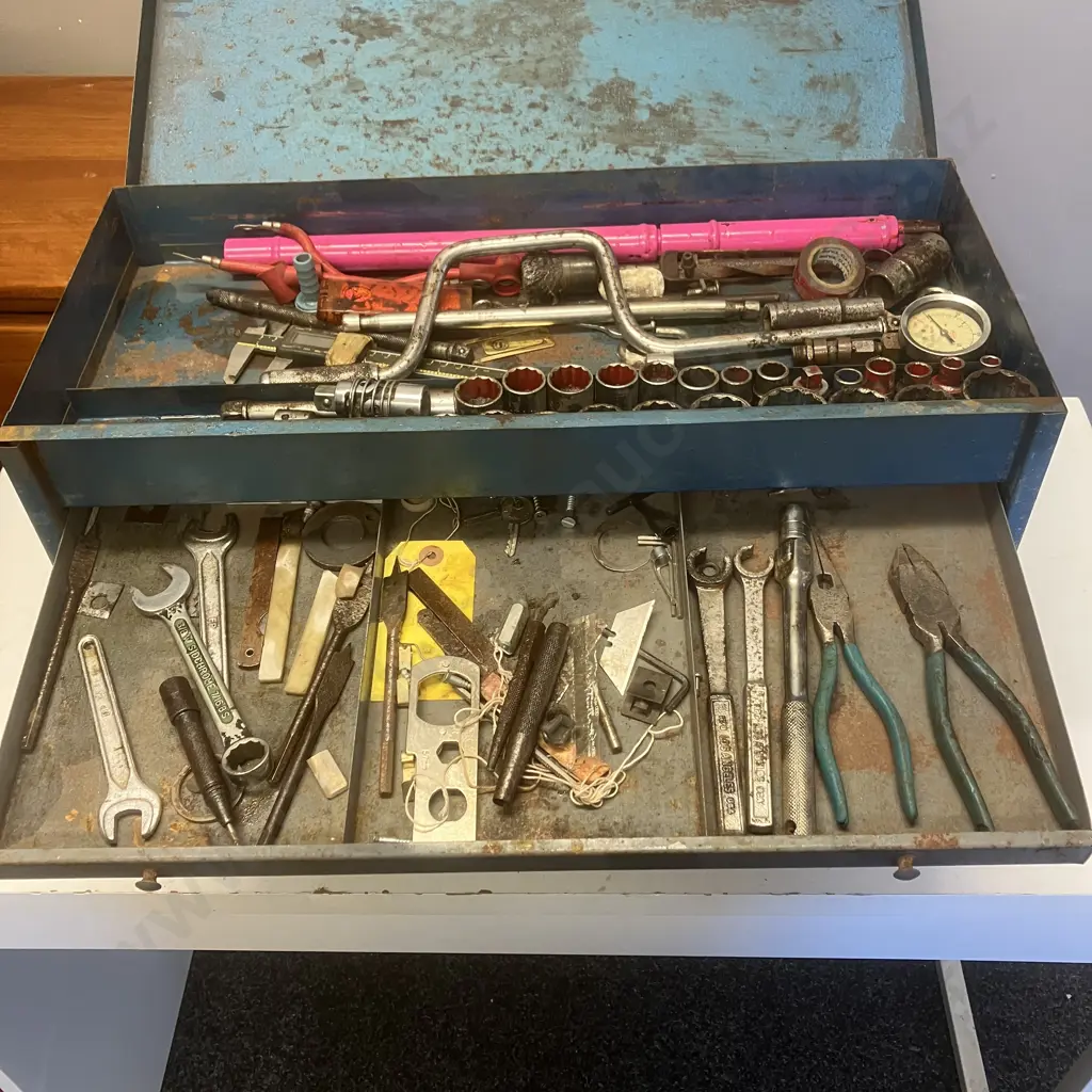 Vintage NZ Made EDEN Blue Steel Toolbox With Sidchrome Sockets & Ring Spanners & Assorted Tools Image 1++