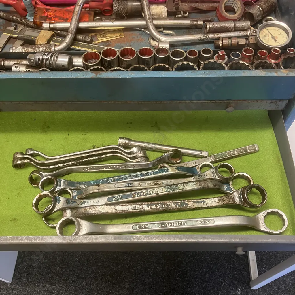 Vintage NZ Made EDEN Blue Steel Toolbox With Sidchrome Sockets & Ring Spanners & Assorted Tools Image 1++