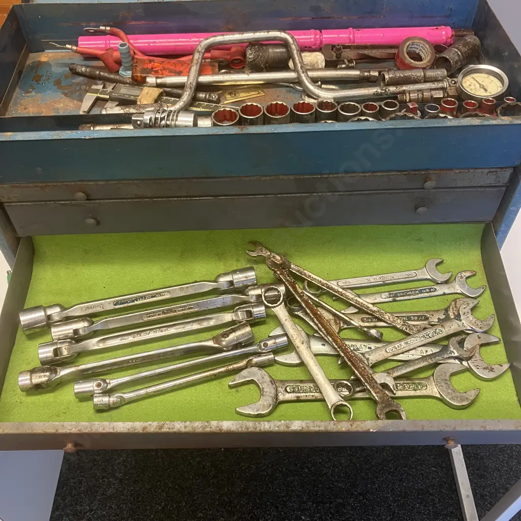Vintage NZ Made EDEN Blue Steel Toolbox With Sidchrome Sockets & Ring Spanners & Assorted Tools Image 1++