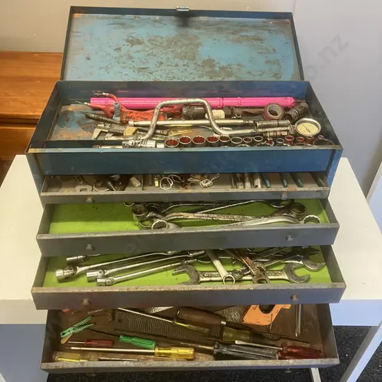 Vintage NZ Made EDEN Blue Steel Toolbox With Sidchrome Sockets & Ring Spanners & Assorted Tools