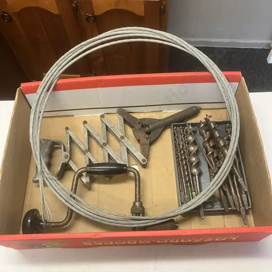 Brace & Bit, Assorted Augers, Lazy Tong Riveter, Wire Rope