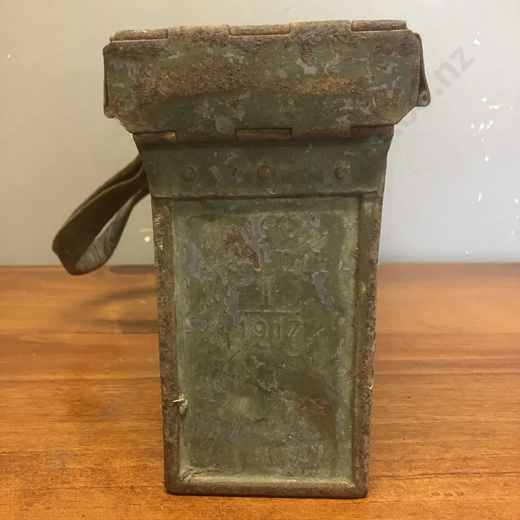 Scarce WWI Steel Ammunition Box for a Vickers Machine Gun, One End Embossed “... 1917" Image 1++