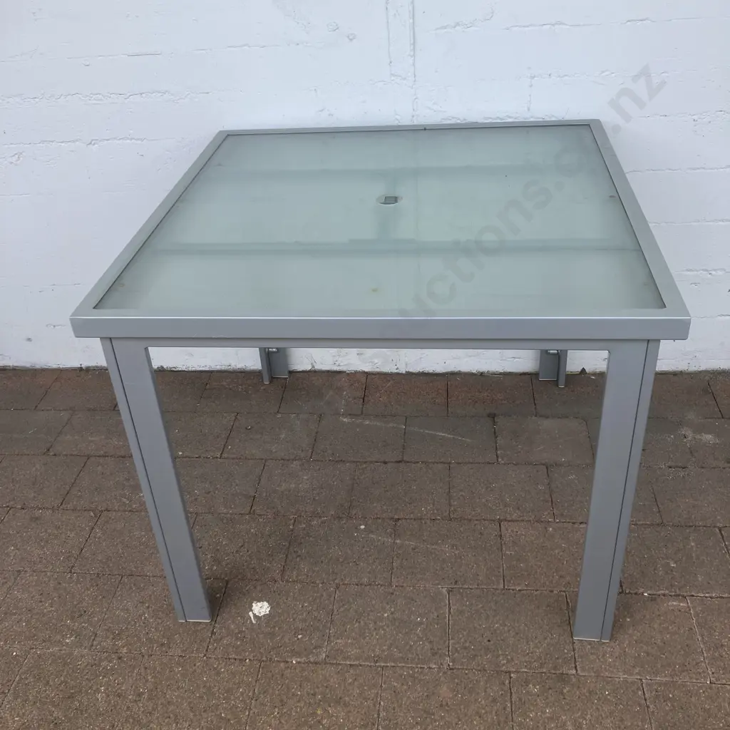 Grey Steel Outdoor Table With Frosted Glass Top (72 x 90cm) With 3 Wooden Directors Chairs Image 1++