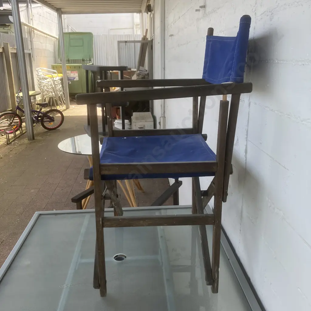 Grey Steel Outdoor Table With Frosted Glass Top (72 x 90cm) With 3 Wooden Directors Chairs Image 1++