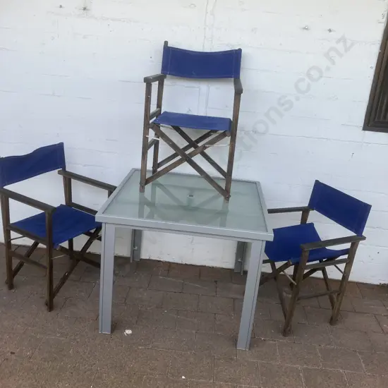 Grey Steel Outdoor Table With Frosted Glass Top (72 x 90cm) With 3 Wooden Directors Chairs
