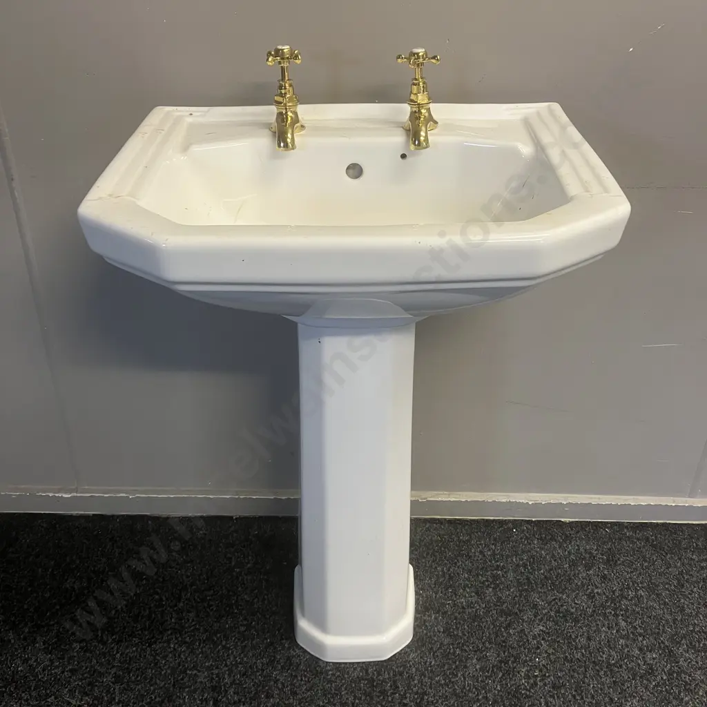 Edwardian Style Rectangle 58 x 45.5cm Basin With Caradon England Pedestal & Pair of Brass Taps. H84cm Image 1++
