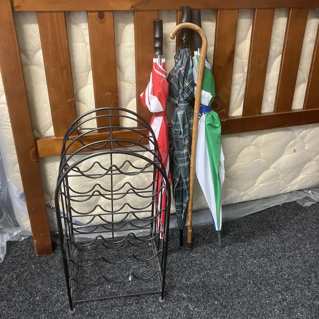 Black Steel 17 Bottle Wine Rack, 3 x Umbrellas & Walking Stick Image 1++