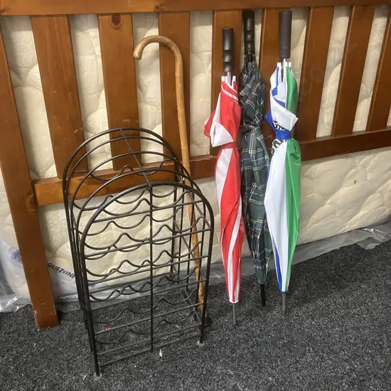 Black Steel 17 Bottle Wine Rack, 3 x Umbrellas & Walking Stick