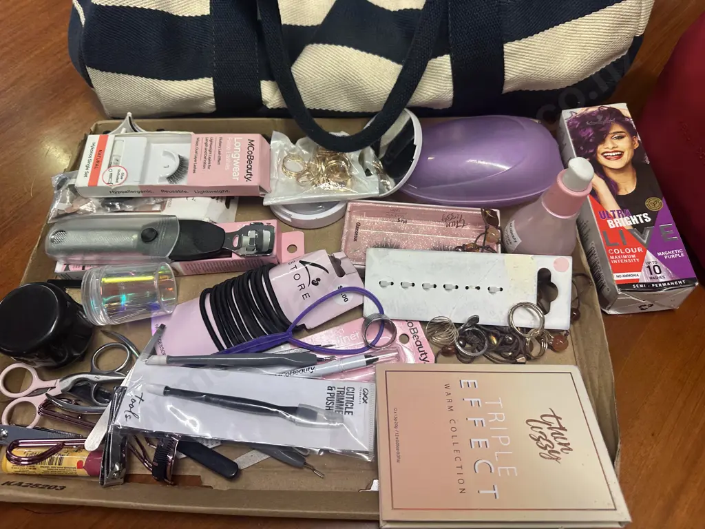 Blue & White Striped Bag With Assorted Cosmetics Image 1++