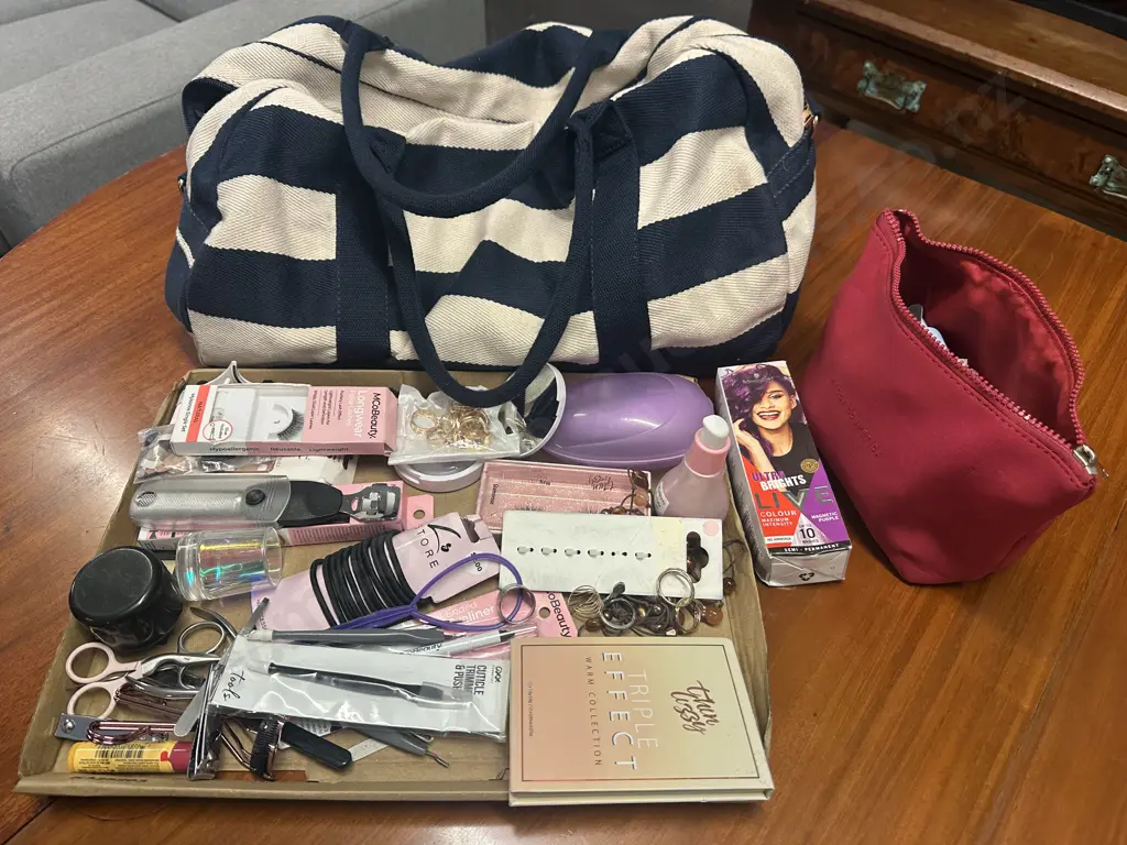 Blue & White Striped Bag With Assorted Cosmetics Image 1++