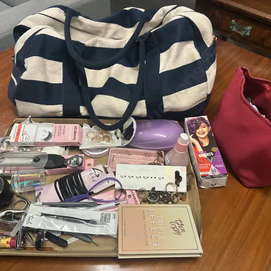 Blue & White Striped Bag With Assorted Cosmetics