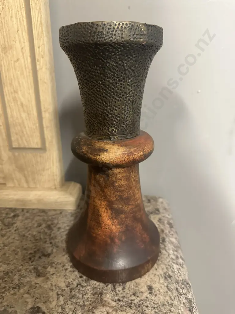 Pair Of Vintage Chain Stitched Cushion Covers 40x40cm With Hammered Brass Topped Wooden Base Candle Holder H26cm. Image 1++