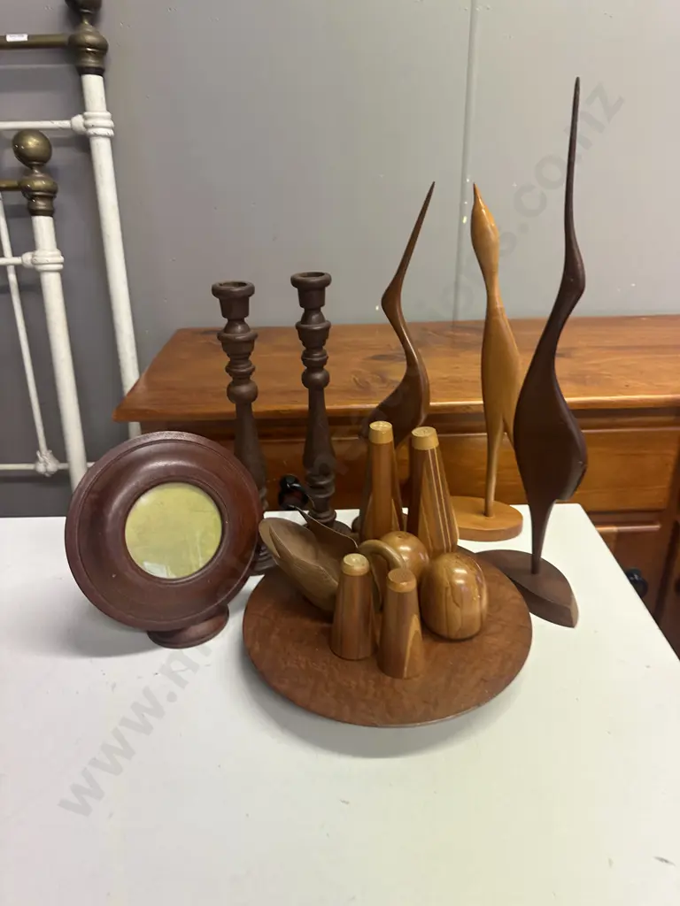 Assorted Vintage Wooden Ware Including Candle Holers, Birds, Etc Image 1++