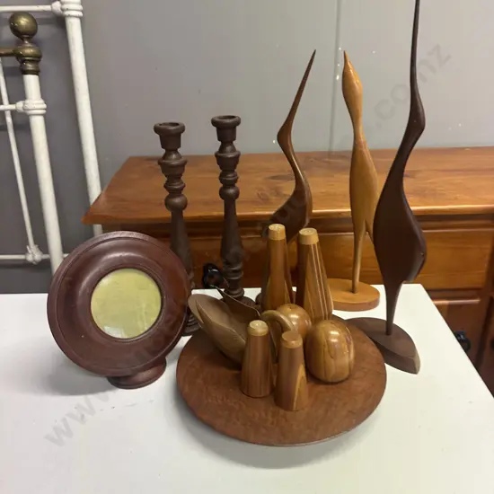 Assorted Vintage Wooden Ware Including Candle Holers, Birds, Etc