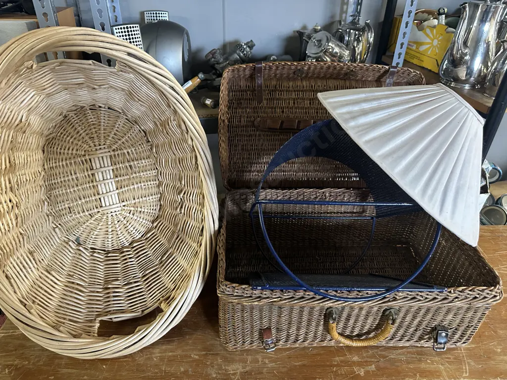 Cane Laundry Basket, Picnic Hamper, Light Shade & Retro Wall Shelf Image 1++