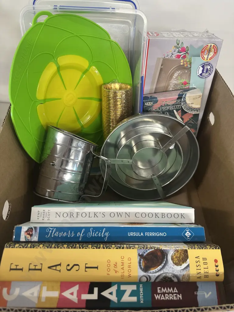 Selection Of Recipe Books & Bake Ware Items Box Of Image 1++