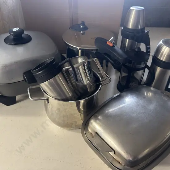 Prestige Pressure Cooker, Sunbeam Frying Pan, Assorted Flasks Etc