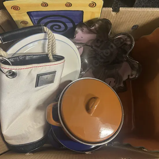Box Of Pottery, Vintage Lidded Casserole Dishes, Moet & Chandon Bag Etc 
