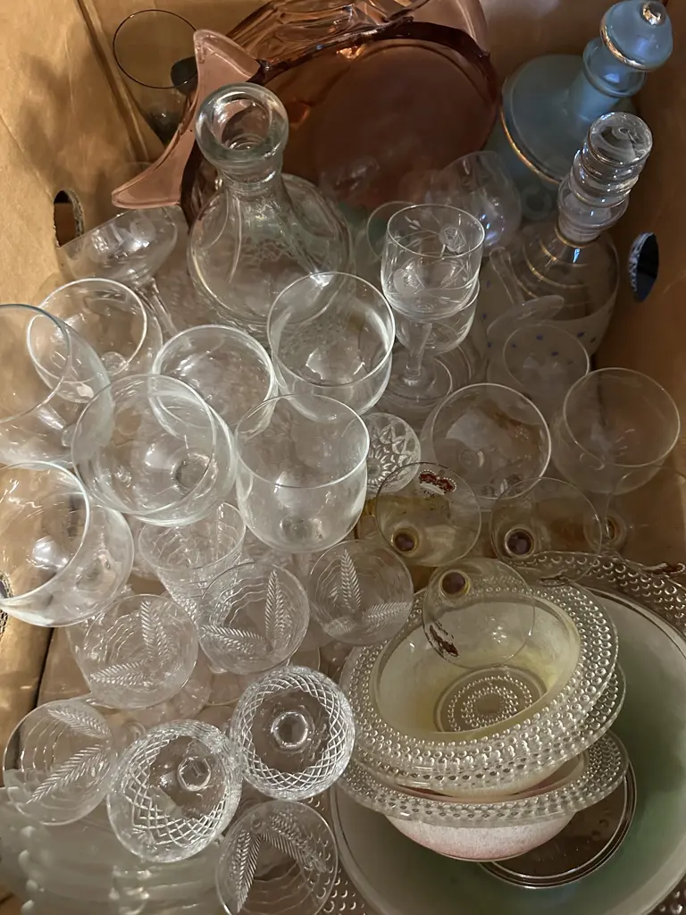 Box Of Glass Items Including Vintage Items Including Vintage Glass Decanters Etc Image 1++