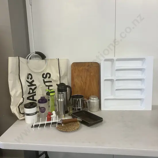 Box lot Laundry Bag, Drawer Sorter, Red & White Hugging Salt & Peppers Etc