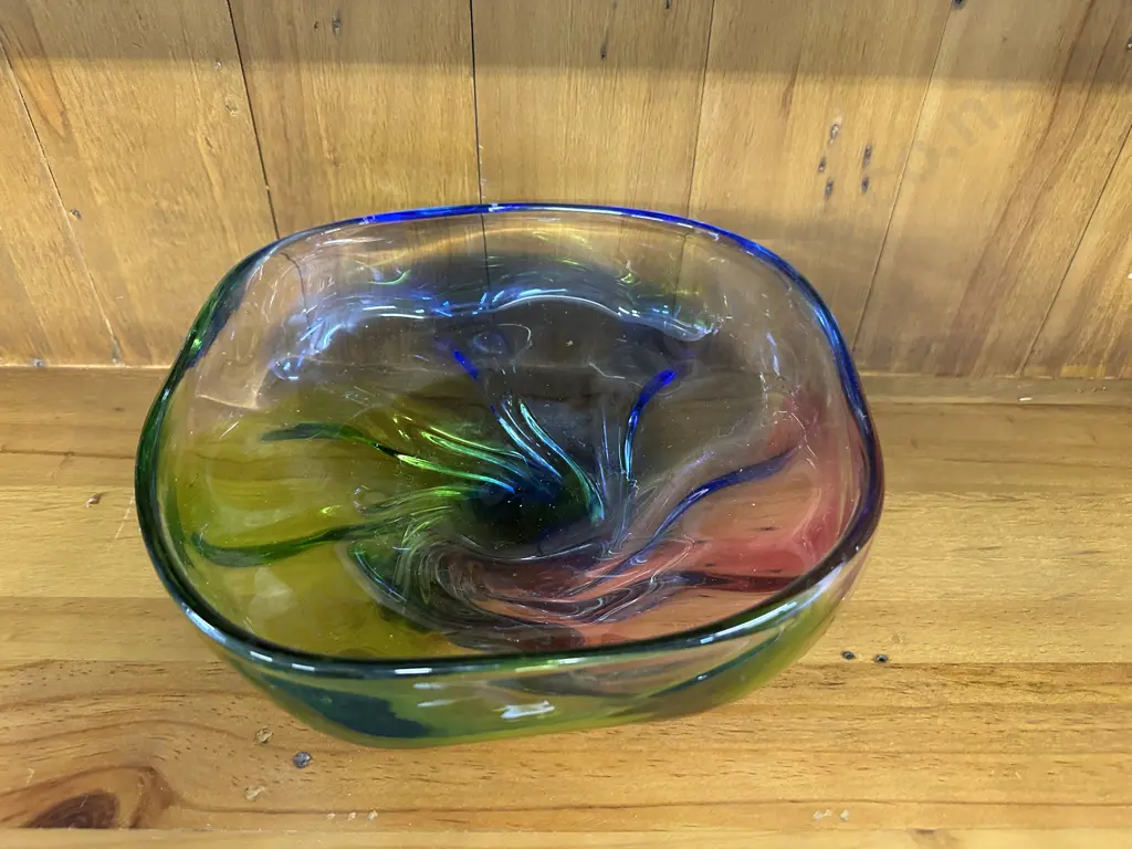 Art Glass Bowl Multi Coloured Footed Twirl Shaped H11,Dia27cm. Image 1++