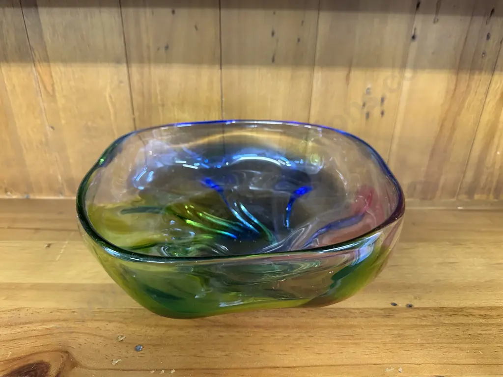 Art Glass Bowl Multi Coloured Footed Twirl Shaped H11,Dia27cm. Image 1++