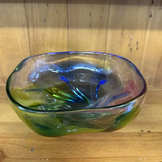 Art Glass Bowl Multi Coloured Footed Twirl Shaped H11,Dia27cm.