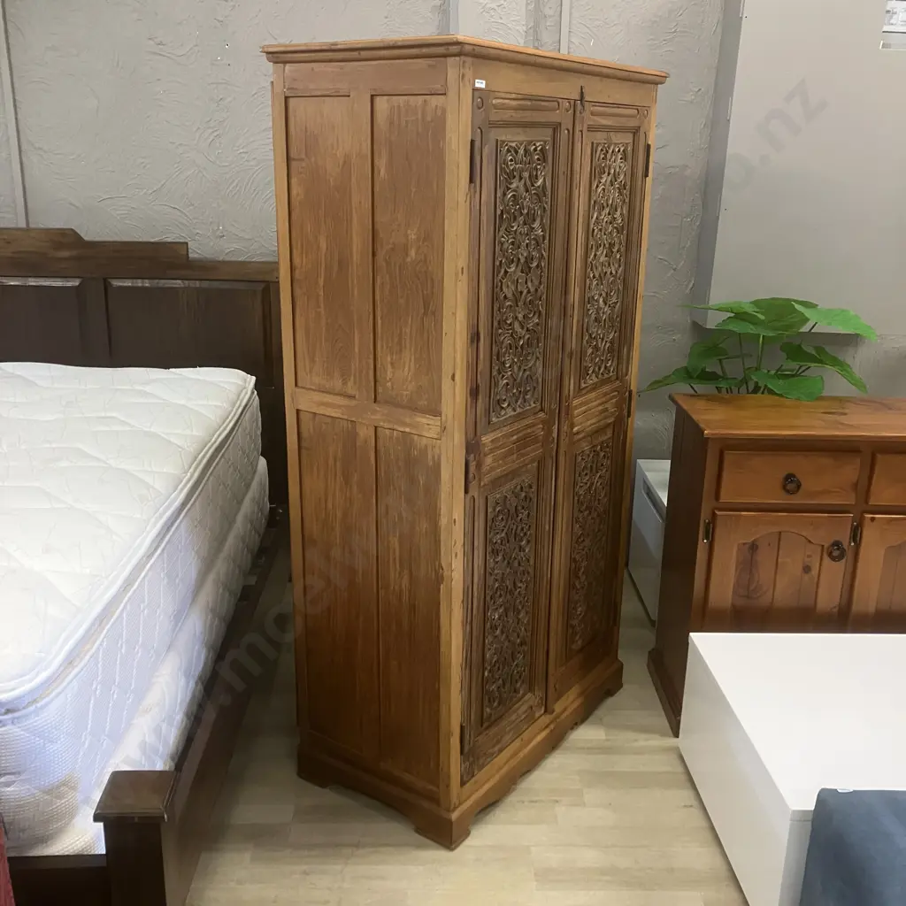 Carved Teak 2 Door Armoire With Brass Lock & Key. H170 W93 D48cm Image 1++