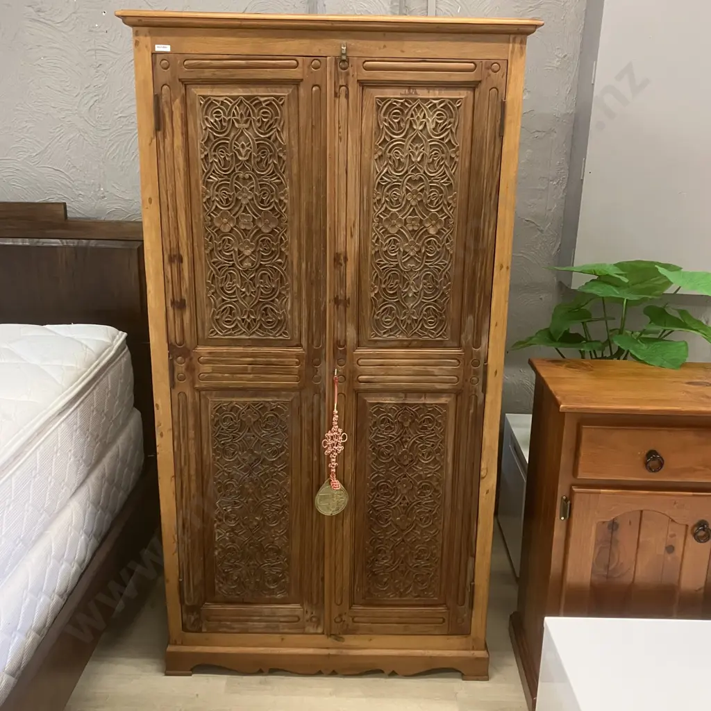 Carved Teak 2 Door Armoire With Brass Lock & Key. H170 W93 D48cm Image 1++