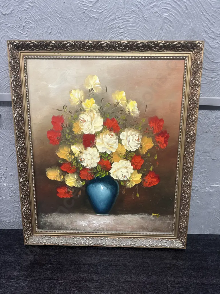 Signed Vintage Gilt Framed Artwork Still Life Vase Of Flowers 70x60cm. Image 1++
