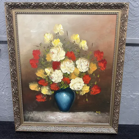 Signed Vintage Gilt Framed Artwork Still Life Vase Of Flowers 70x60cm.