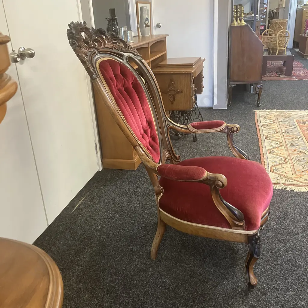 Antique Victorian Heavily Carved Walnut Gentleman's Chair, Red Velvet Upholstered. 120 x 72cm Image 1++