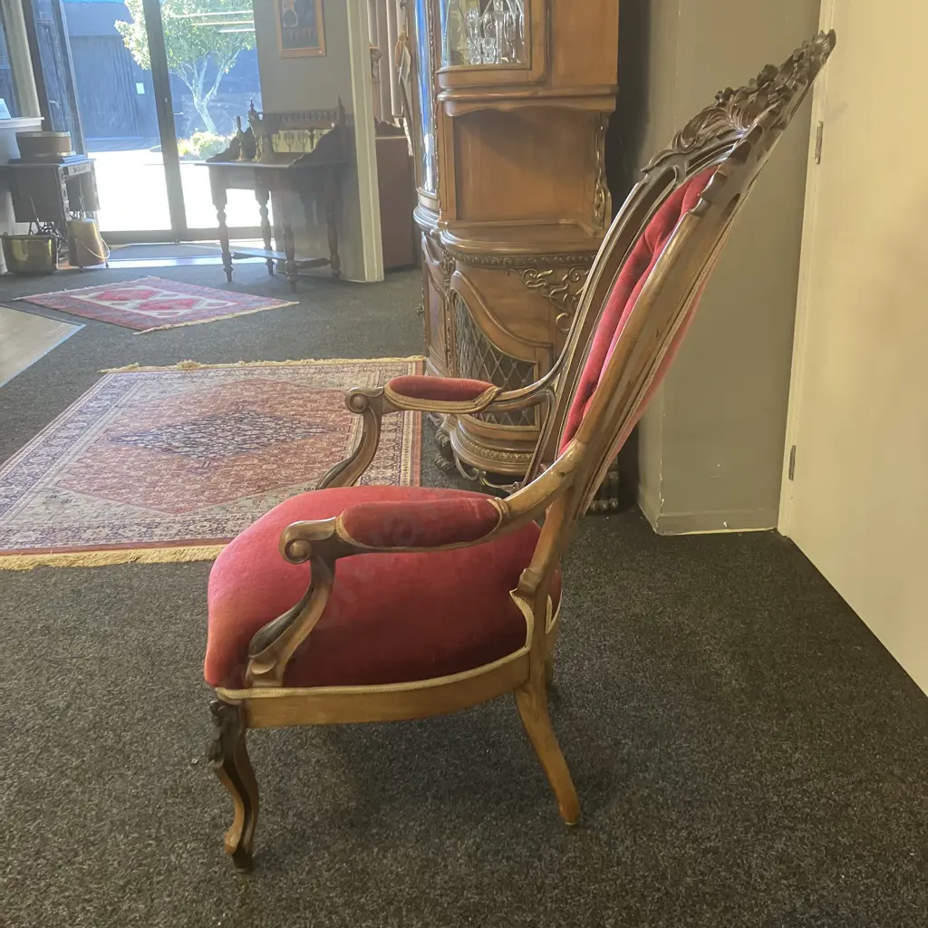 Antique Victorian Heavily Carved Walnut Gentleman's Chair, Red Velvet Upholstered. 120 x 72cm Image 1++
