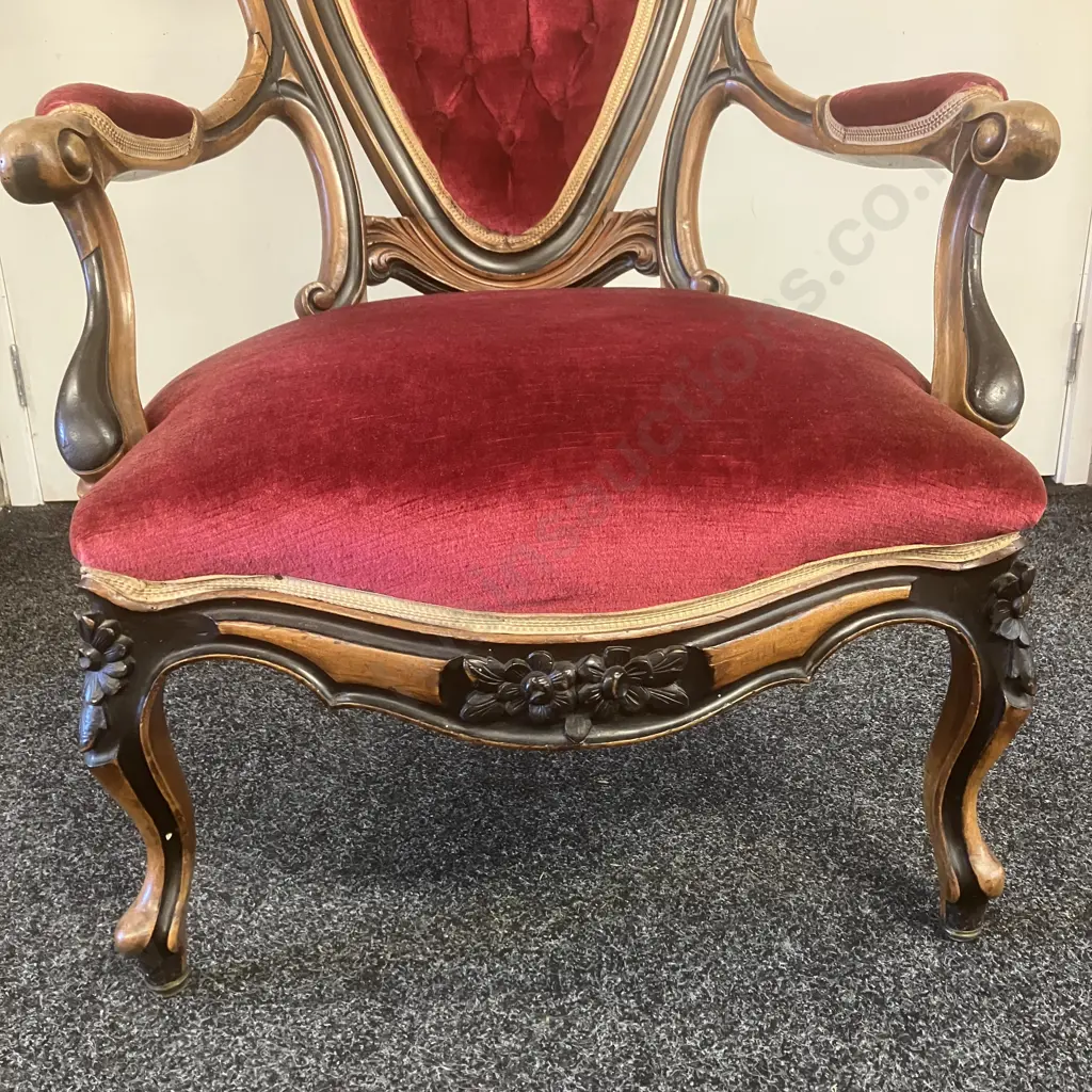 Antique Victorian Heavily Carved Walnut Gentleman's Chair, Red Velvet Upholstered. 120 x 72cm Image 1++