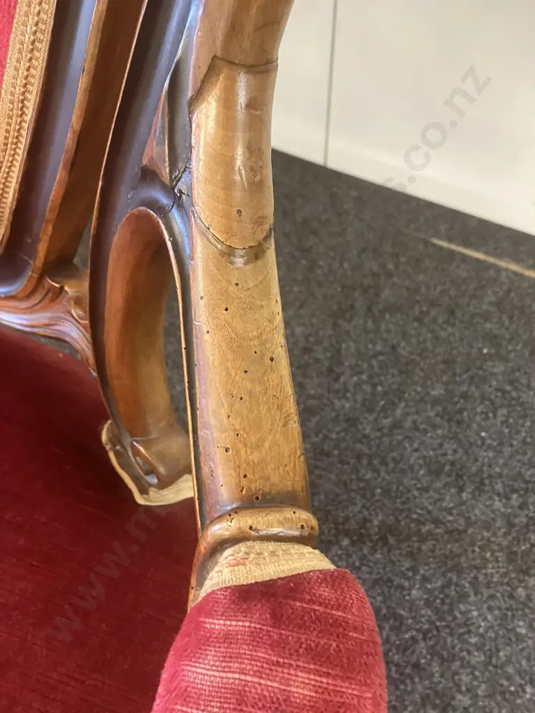 Antique Victorian Heavily Carved Walnut Gentleman's Chair, Red Velvet Upholstered. 120 x 72cm Image 1++