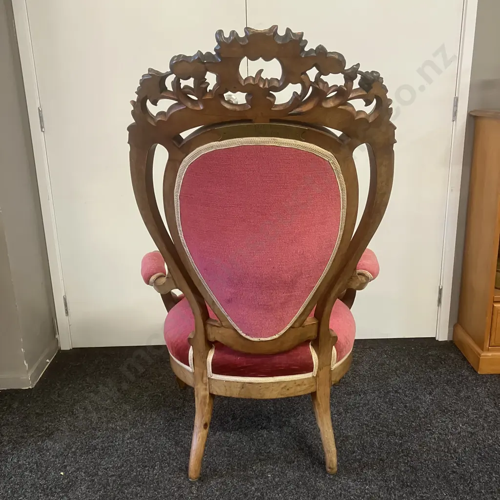 Antique Victorian Heavily Carved Walnut Gentleman's Chair, Red Velvet Upholstered. 120 x 72cm Image 1++