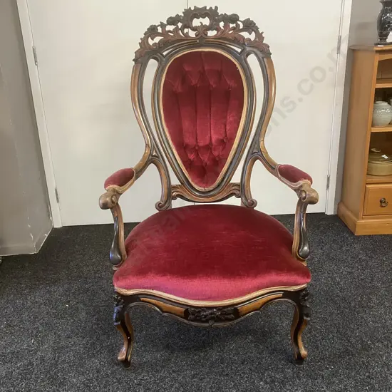Antique Victorian Heavily Carved Walnut Gentleman's Chair, Red Velvet Upholstered. 120 x 72cm