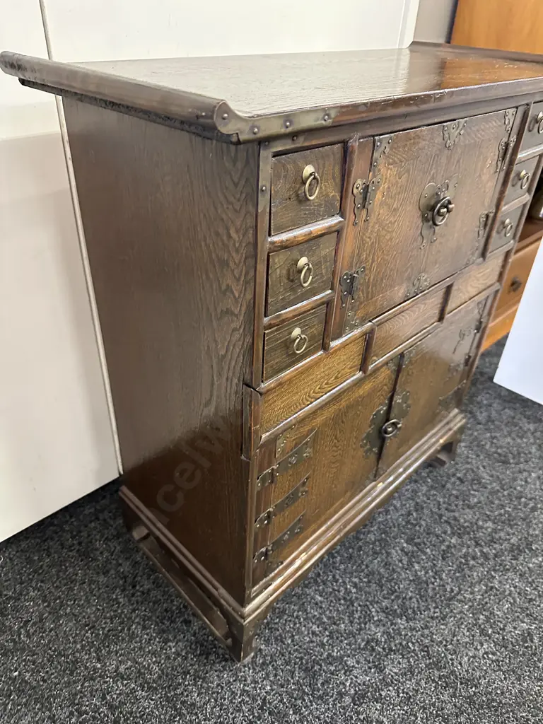 Chinese Chinoiserie Oak Cabinet 4 Door, Six Drawers. H80,W73,D32cm. Image 1++