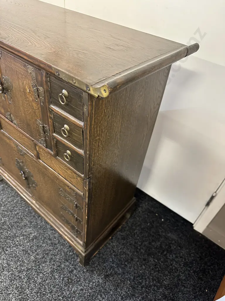 Chinese Chinoiserie Oak Cabinet 4 Door, Six Drawers. H80,W73,D32cm. Image 1++