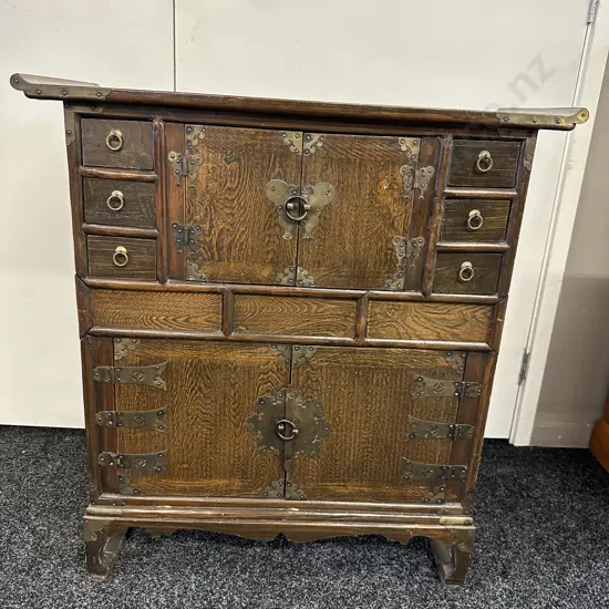 Chinese Chinoiserie Oak Cabinet 4 Door, Six Drawers. H80,W73,D32cm.