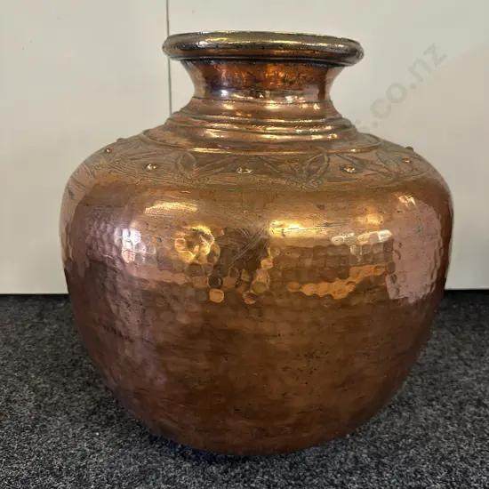 Vintage Decorative Copper & Brass Detailed Pot With Relief Leaf Pattern H57cm.