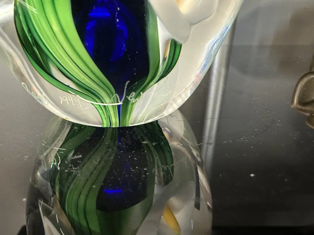 Signed Peter Raos Art Glass Paper Weight White Calla Lily Colbalt Blue Image 1++